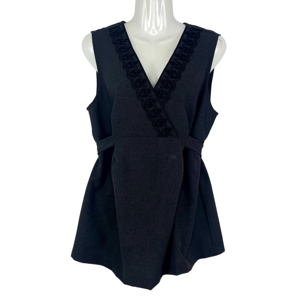 Motherhood Maternity L Sleeveless Blouse Black Tie Back Embroidered VNeck Career